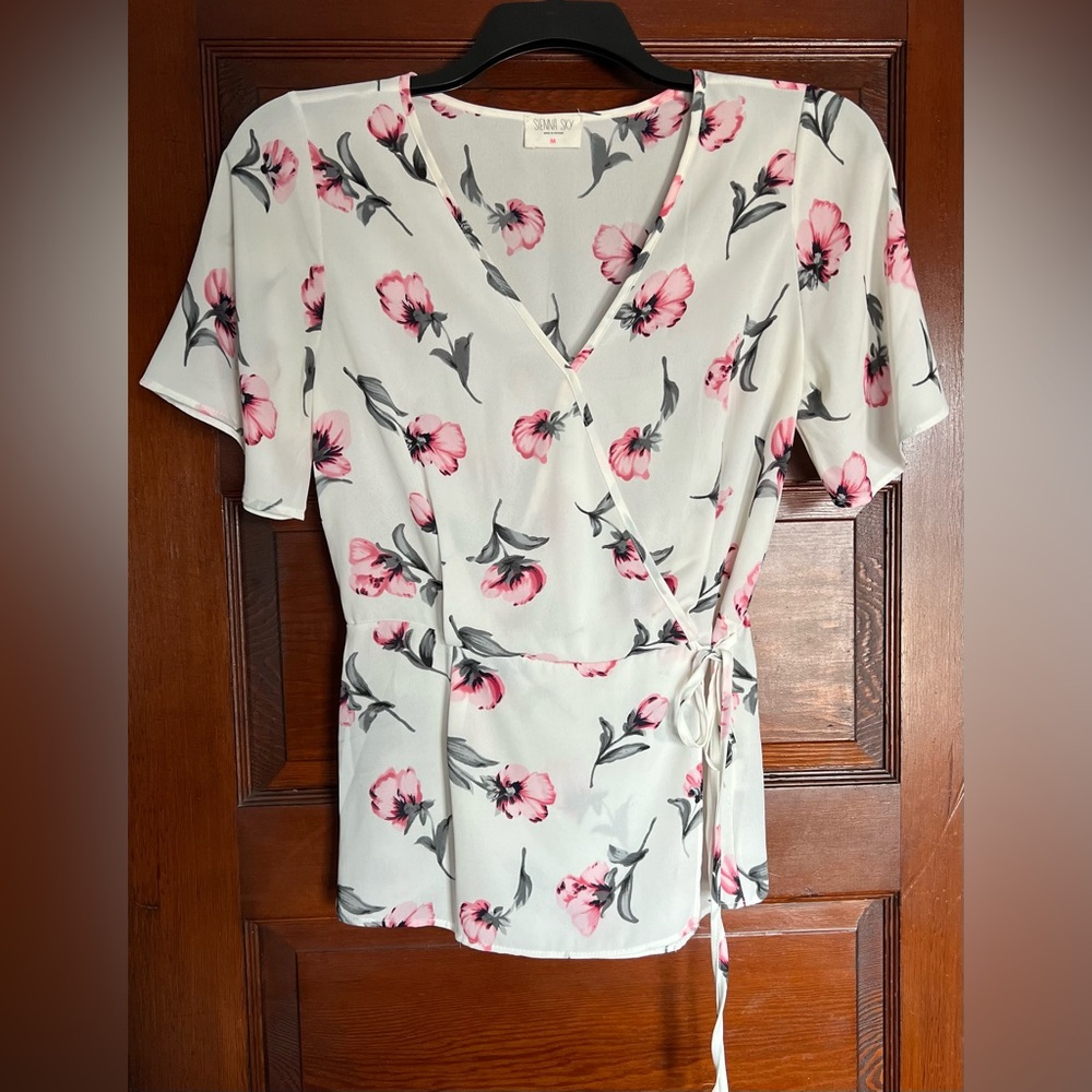 Sienna Sky White and Pink Floral Faux Wrap Top